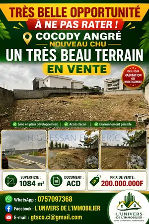 Terrain 1084m2 en Vente Cocody Angré Nouveau Chu