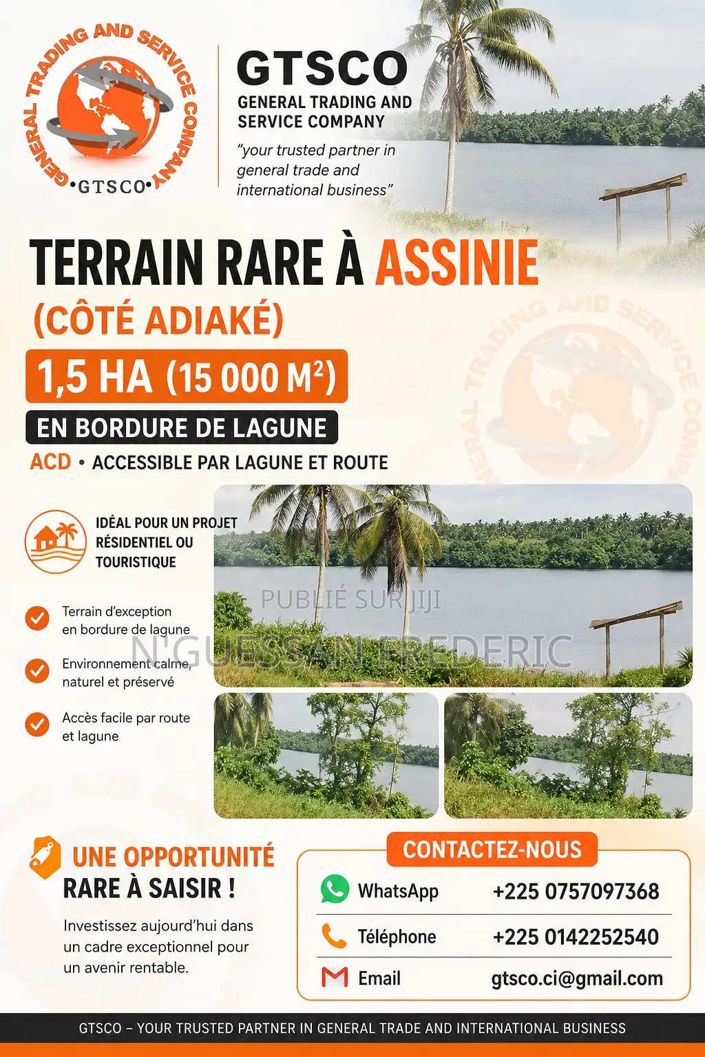 Terrain Rare À Assinie 1, 5ha Avec Acd En Bordure De Lagune