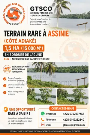 Terrain Rare À Assinie 1, 5ha Avec Acd En Bordure De Lagune