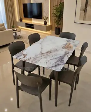 Set Table À Manger 4 Places - Plateau Effet Marbre + 4 Chaises Noires