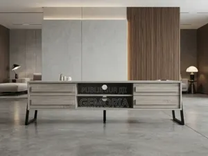 Meuble TV Contemporain Bois Grisé Métal Noir