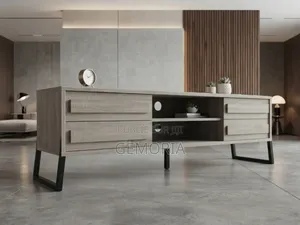Meuble TV Contemporain Bois Grisé Métal Noir