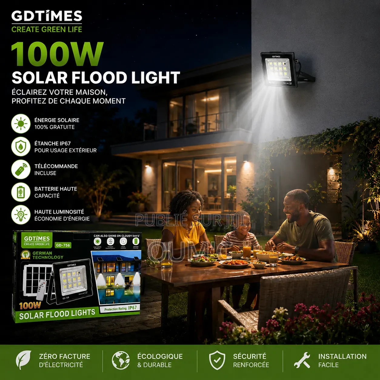Projecteur Solaire LED 100W GDTIMES GD-756 Avec Panneau Solaire
