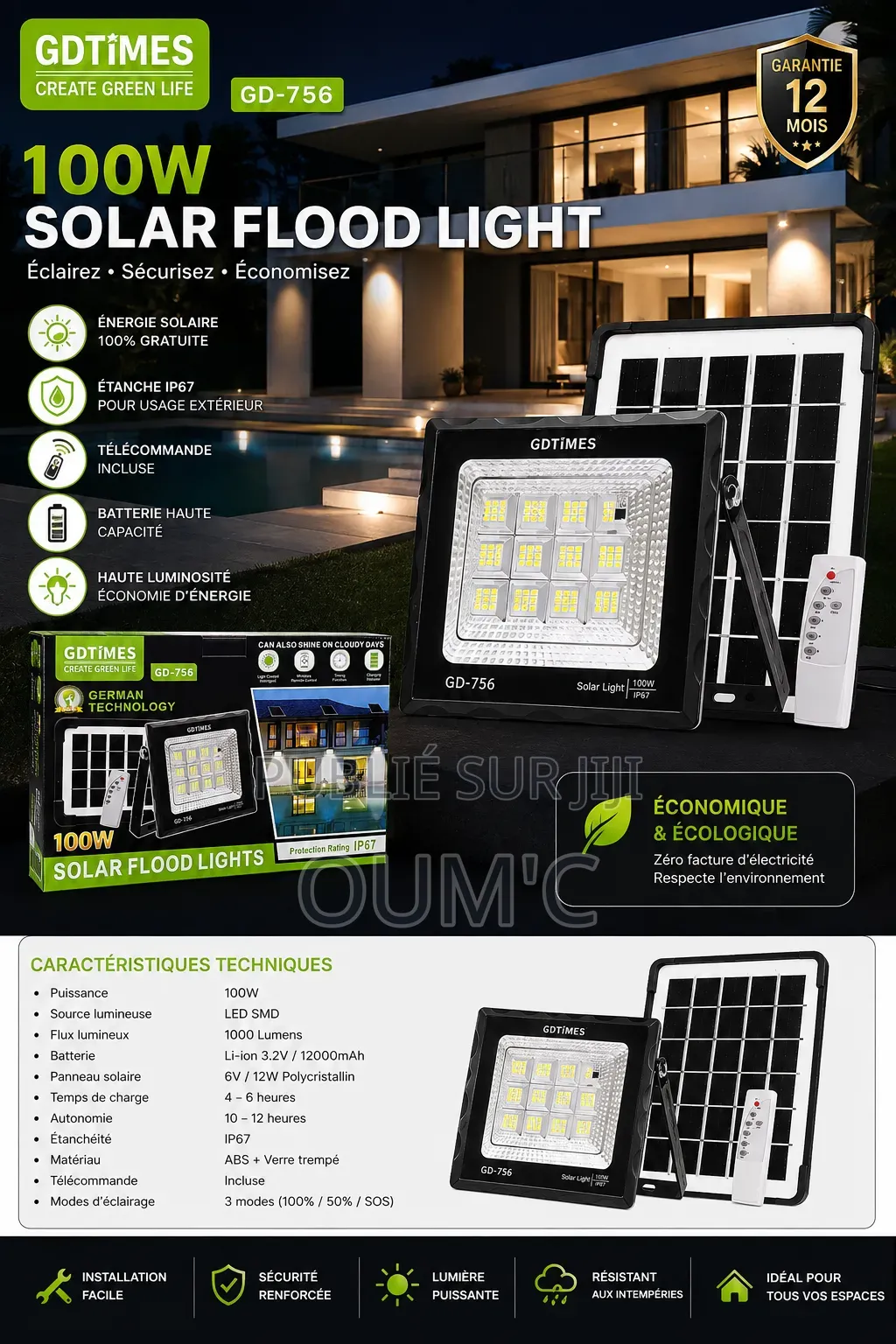 Projecteur Solaire LED 100W GDTIMES GD-756 Avec Panneau Solaire