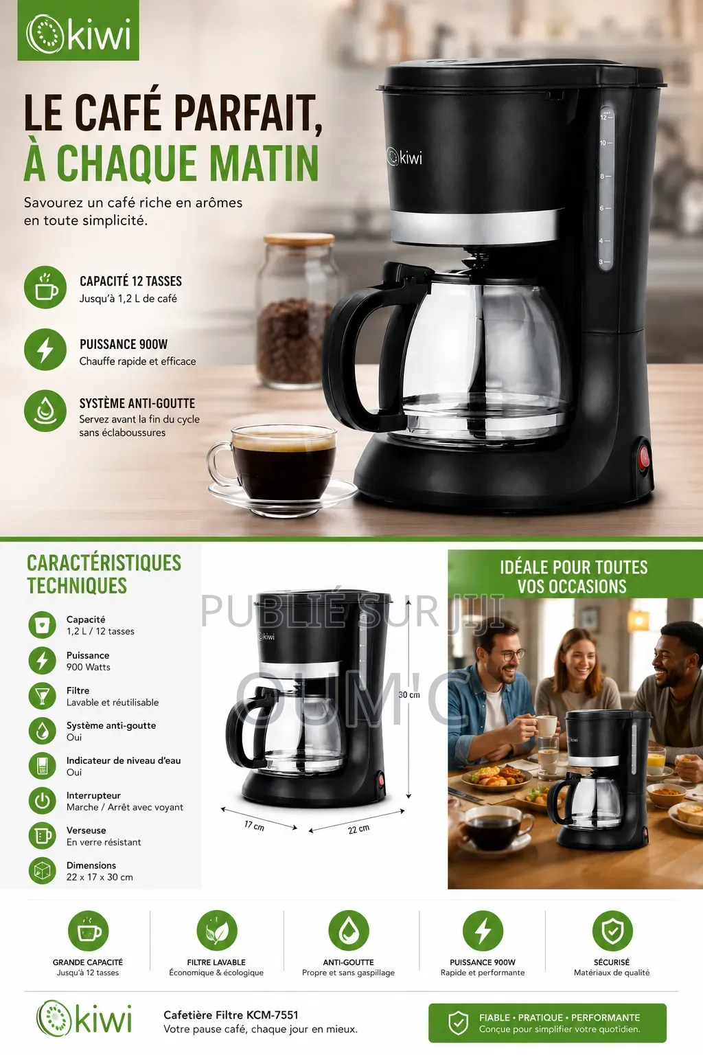 Cafetière Filtre Kiwi KCM-7551 – 12 Tasses – 900W